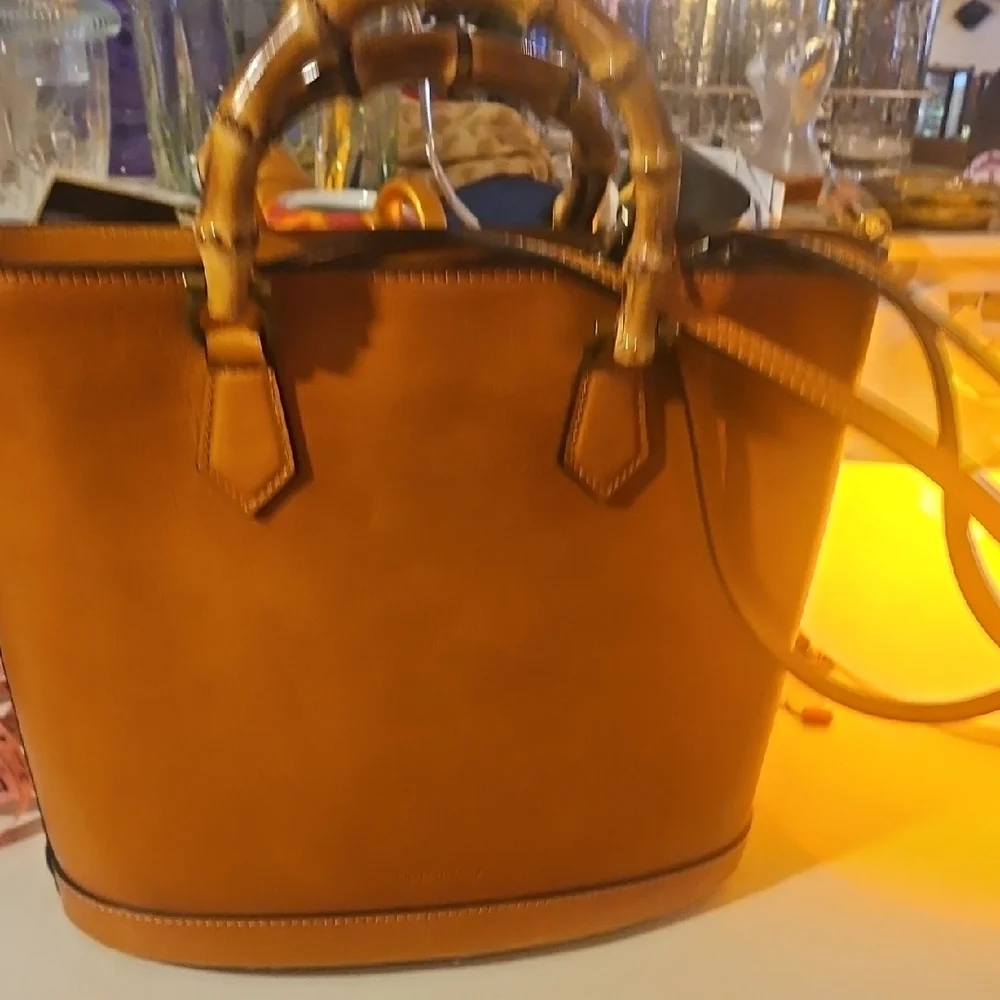 Pratesi Cognac Leather Tote with Genuine Bamboo Handles - Picture 5 of 10